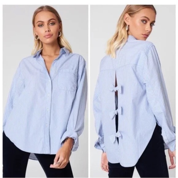 Free People Tops - Free People Tie It In A Bow Blue & White Stripe Oxford Button Down Shirt Cotton